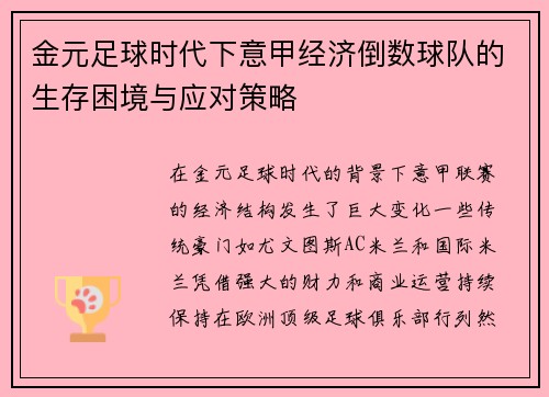 金元足球时代下意甲经济倒数球队的生存困境与应对策略