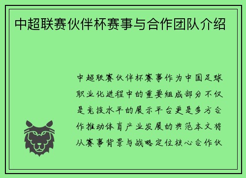 中超联赛伙伴杯赛事与合作团队介绍